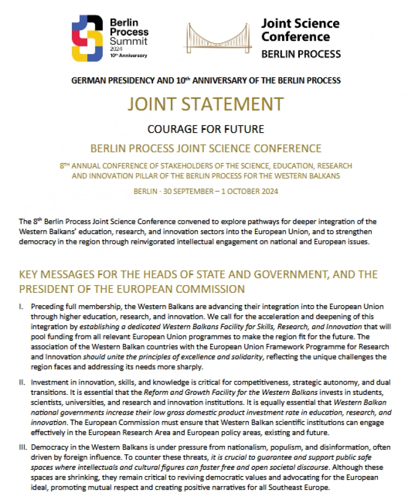 JOINT STATEMENT: COURAGE FOR FUTURE, BERLIN PROCESS JOINT SCIENCE CONFERENCE